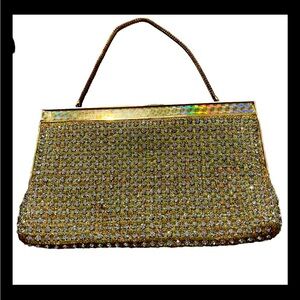 Vintage 1950s Rhinestone and Gold Kiss Lock Evening Bag